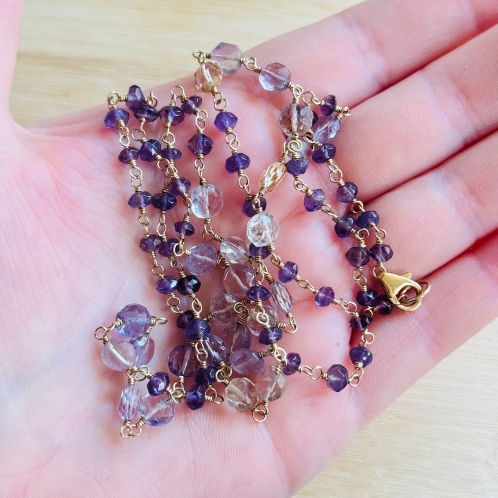 VTG Amethyst stone Strand Necklace gold filled‎ wired Beaded genuine Natural 28"